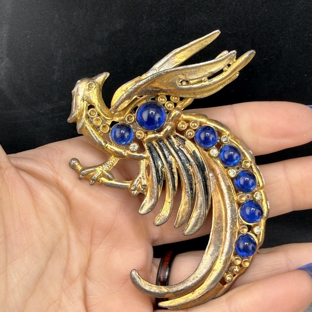 Vintage Pot Metal Brooch Gold Tone Blue Glass Rhinestone‎ Bird Phoenix READ